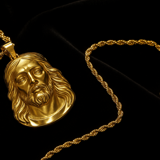 Colgante Rostro de Cristo en acero inoxidable dorado